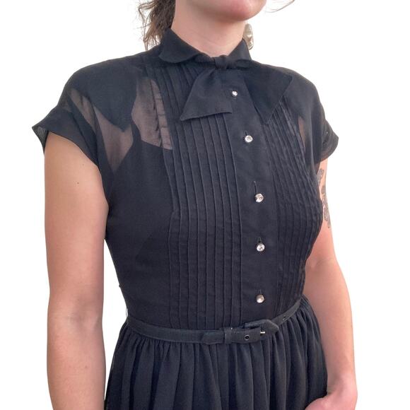 1960s Georgette Vintage Sheer Black Shirtwaist Dress - Picture 3 of 9